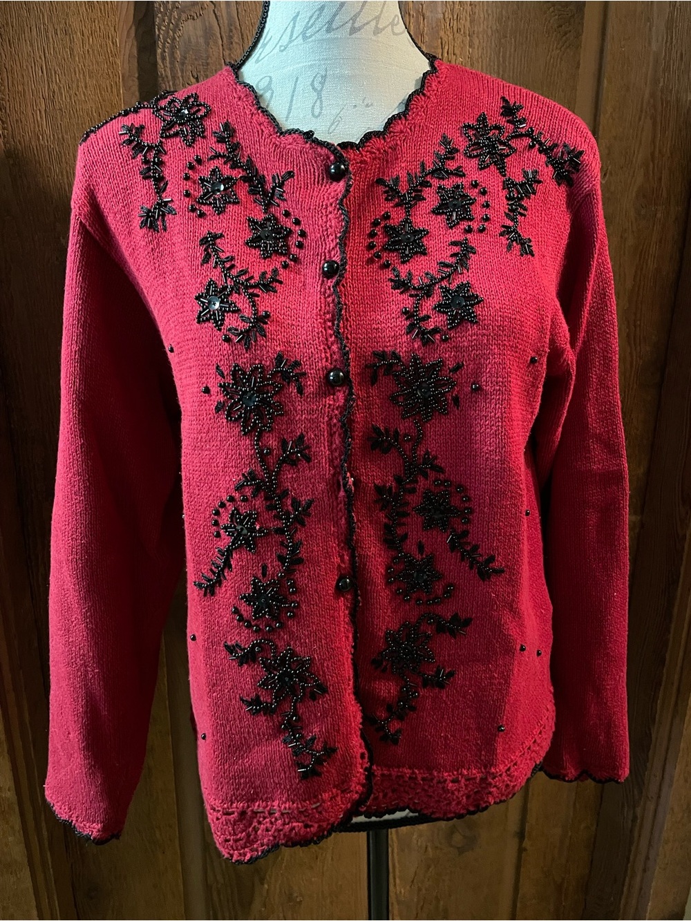 Carolyn Taylor Red Cardigan with Black Beaded Floral Embroidery